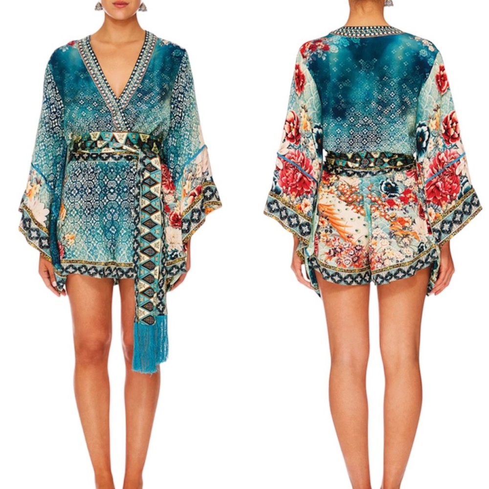 Camilla Teal Floral Print Short Romper with Kimono Sleeves